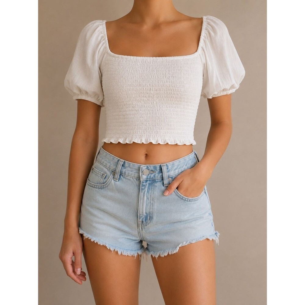 American Eagle White Smocked Puff Sleeve Crop Top Linen Blend Cottagecore Boho S
